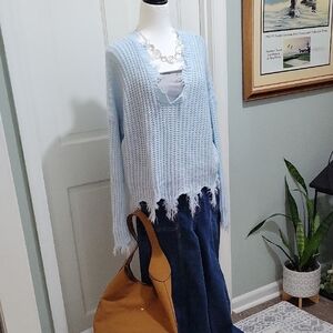 Miracle Women's Light Blue Chop Chop Fringed Distressed CableKnit Sweater Size M